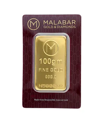 Malabar Gold 24K 999.9 Fineness 100 Gram Pure Gold Bar 